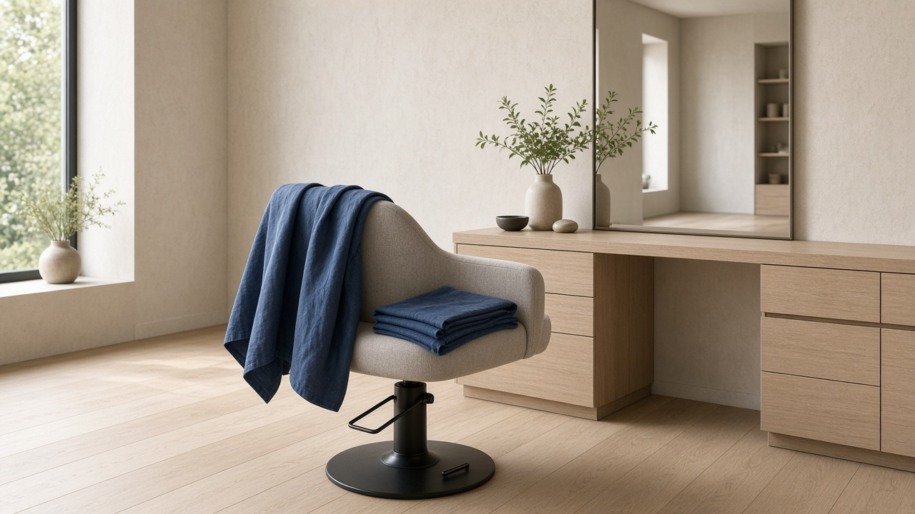 Empty styling chair in a light salon with indigo textiles