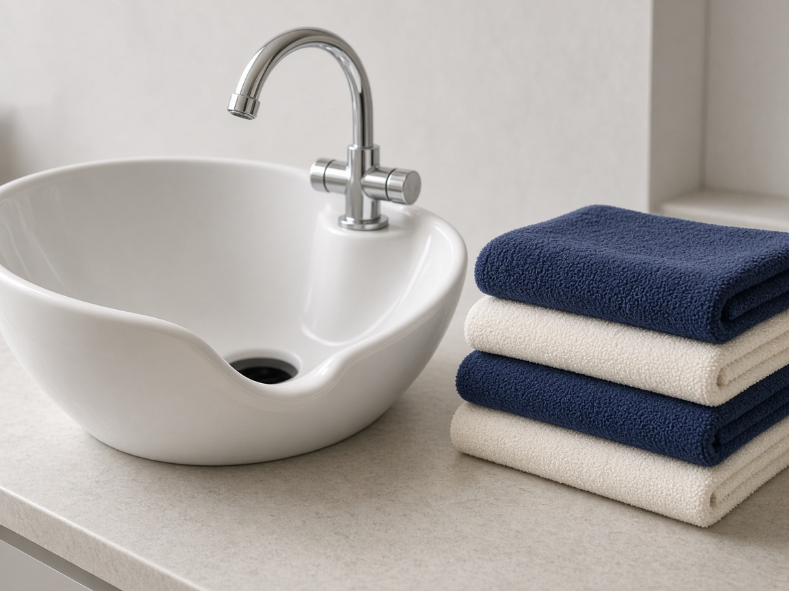 Wash bowl with unbranded cream and indigo towels